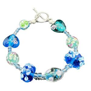 Millefiori And Lamp Work Beaded Bracelet Blues And Greens Hearts And Flowers New